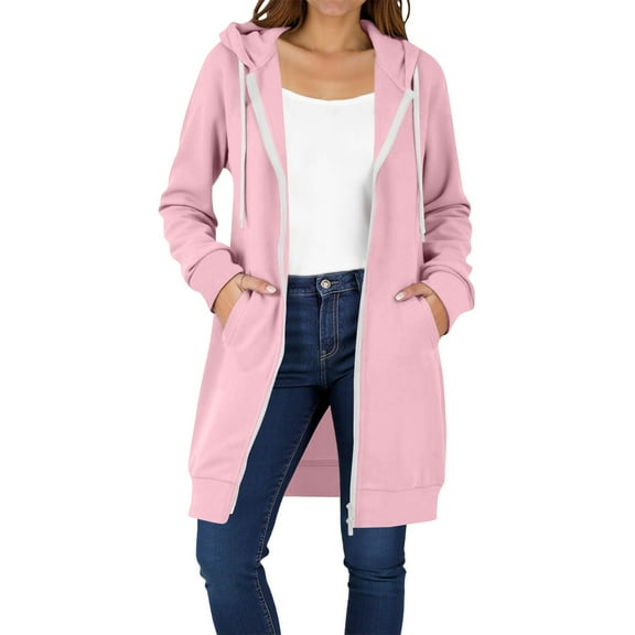 Mohiass Long Hoodies for Women Long Sleeve Zipper Fleece Sweatshirts Oversized Fall Fleece Jacket Coat with Pockets 2025 Pink 2XL