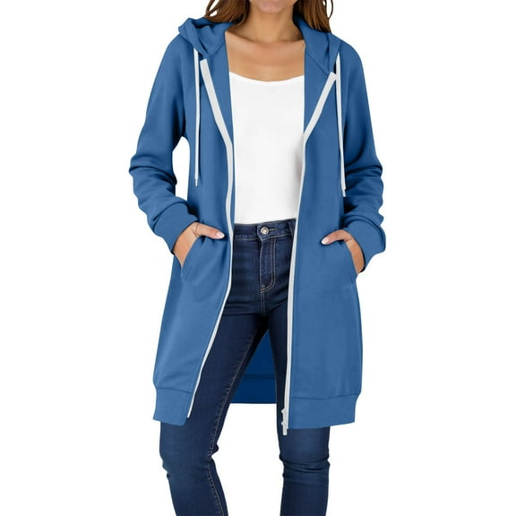 Mohiass Long Hoodies for Women Long Sleeve Zipper Fleece Sweatshirts Oversized Fall Fleece Jacket Coat with Pockets 2025 Royal Blue 2XL