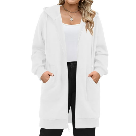 Mohiass Long Hoodies for Women Long Sleeve Zipper Fleece Sweatshirts Oversized Fall Fleece Jacket Coat with Pockets 2025 White 2XL