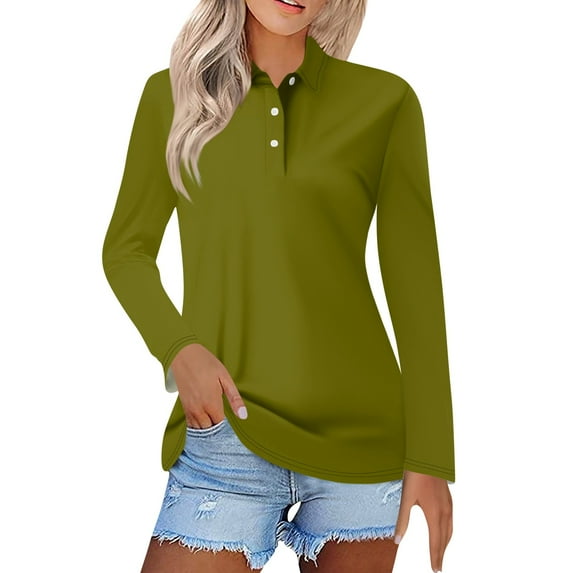 Mohiass Long Sleeve Polo Shirts for Women 2024 Winter Fall Tops Button V Neck Business Casual Collared Shirts Dressy Blouses Army Green L