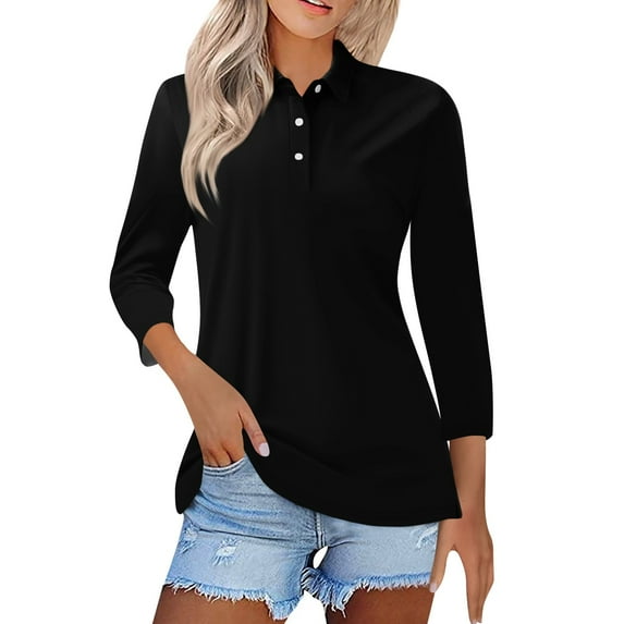 Mohiass Long Sleeve Polo Shirts for Women 2024 Winter Fall Tops Button V Neck Business Casual Collared Shirts Dressy Blouses Black S