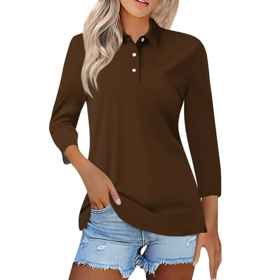 Mohiass Long Sleeve Polo Shirts for Women 2024 Winter Fall Tops Button V Neck Business Casual Collared Shirts Dressy Blouses Brown 2XL