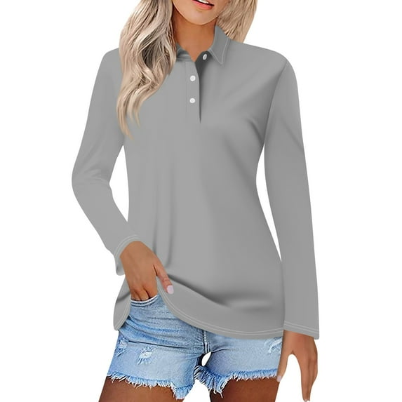 Mohiass Long Sleeve Polo Shirts for Women 2024 Winter Fall Tops Button V Neck Business Casual Collared Shirts Dressy Blouses Gray S
