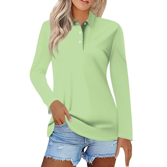 Mohiass Long Sleeve Polo Shirts for Women 2024 Winter Fall Tops Button V Neck Business Casual Collared Shirts Dressy Blouses Light Green M