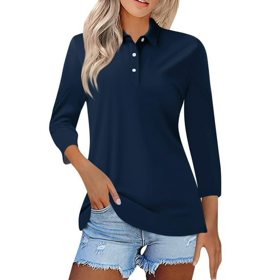 Mohiass Long Sleeve Polo Shirts for Women 2024 Winter Fall Tops Button V Neck Business Casual Collared Shirts Dressy Blouses Navy 2XL