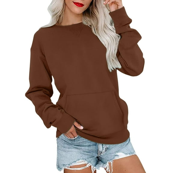 Mohiass Long Sleeve Sweatshirts for Women with Pockets Dressy Casual Shirts Trendy Fashion Tunic Basic Tops Brown 2XL