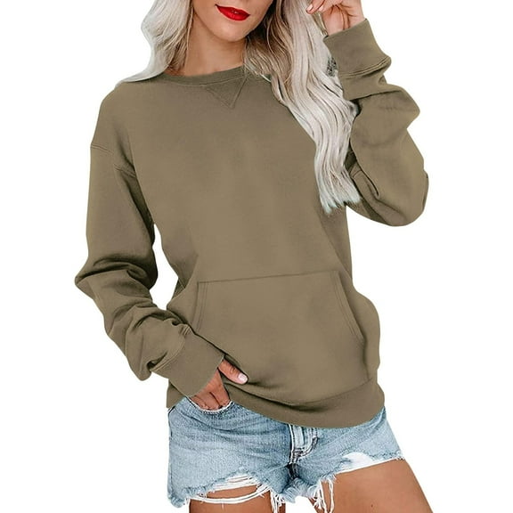Mohiass Long Sleeve Sweatshirts for Women with Pockets Dressy Casual Shirts Trendy Fashion Tunic Basic Tops Light Brown 2XL