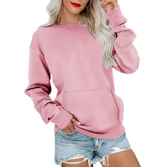Mohiass Long Sleeve Sweatshirts for Women with Pockets Dressy Casual Shirts Trendy Fashion Tunic Basic Tops Pink M
