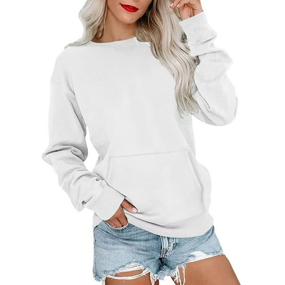 Mohiass Long Sleeve Sweatshirts for Women with Pockets Dressy Casual Shirts Trendy Fashion Tunic Basic Tops White S