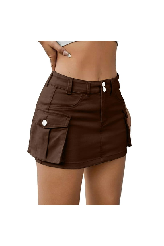 Low Waist Cargo Skirt Women Button Mini Cargo Denim Skirt with Pocket Mini Skirt Brown L