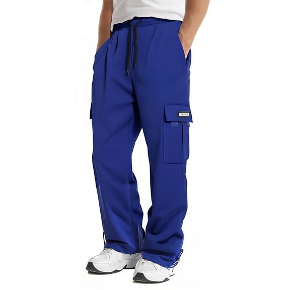 Mohiass Men's Cargo Sweatpants Loose Fit Pants Joggers for Men with Pockets, Open Bottom Drawstring Trousers Blue XL