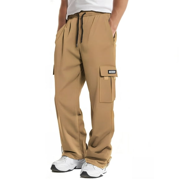 Mohiass Men's Cargo Sweatpants Wide Leg Drawstring Open Bottom Baggy Trousers Elastic Waist Lightweight Gym Joggers Pants with Pockets Khaki L