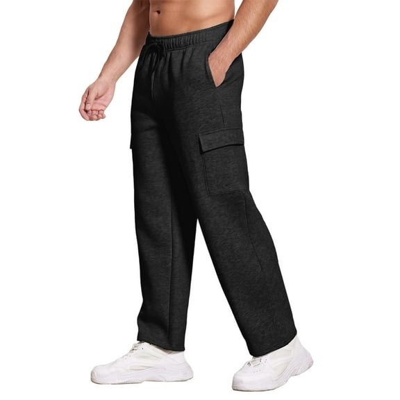 Mohiass Men's Fleece Cargo Sweatpants Baggy Mens Sweat Pants Open Bottom Cotton Sweatpants for Men Lounge Pants with Pockets Black 2XL
