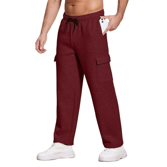 Mohiass Men's Fleece Cargo Sweatpants Baggy Mens Sweat Pants Open Bottom Cotton Sweatpants for Men Lounge Pants with Pockets Wine 3XL