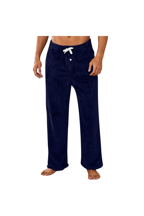 Men's Plush Warm Pajama Pants Soft Fleece Comfortable Sleep Bottoms Drawstring Elastic Winter Cozy Lounge Pants Navy XL