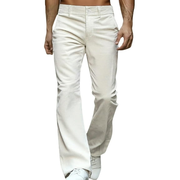 Mohiass Men's Relaxed Vintage 60s 70s Bell Bottom Stretch Fit Classic Comfort Flared Flares Retro Leg Disco Pants White L