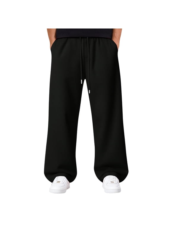 Mens Baggy Sweatpants Wide Leg Lounge Sweat Pants with Pockets Big and Tall Fleece Uncuffed Open Bottom Sweatpants Black S