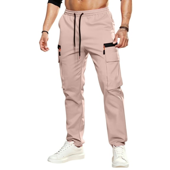 Mohiass Mens Cargo Pants Hiking Casual Outdoor Baggy Pants Lightweight Elastic Waist Relaxed Fit Joggers Trousers with Pockets Pink S