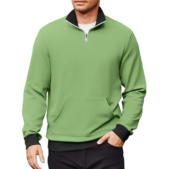Mohiass Mens Color Block Sweatshirts No Hood Quarter Zip Long Sleeve Pullover Shirts Stand Collar Lightweight Comfy Sweatshirt with Pocket Fluorescent Green S