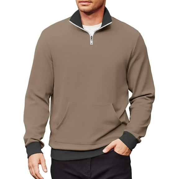 Mohiass Mens Color Block Sweatshirts No Hood Quarter Zip Long Sleeve Pullover Shirts Stand Collar Lightweight Comfy Sweatshirt with Pocket Coffee 3XL
