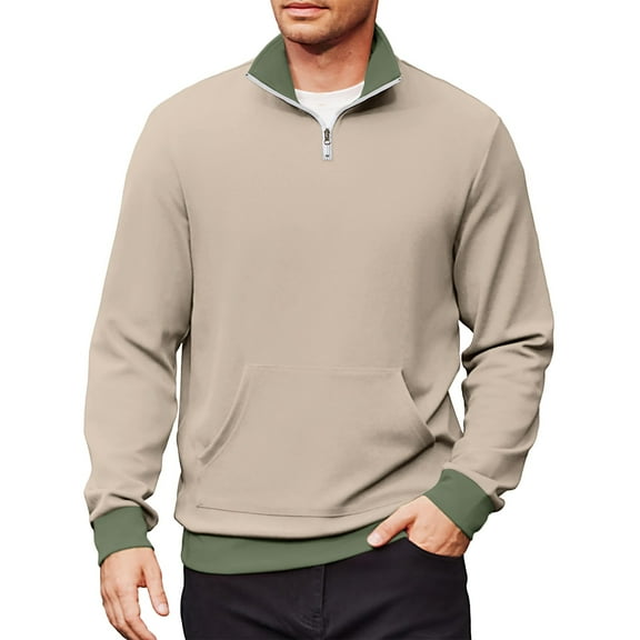 Mohiass Mens Color Block Sweatshirts No Hood Quarter Zip Long Sleeve Pullover Shirts Stand Collar Lightweight Comfy Sweatshirt with Pocket Khaki S