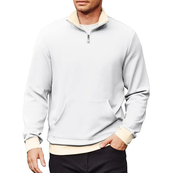 Mohiass Mens Color Block Sweatshirts No Hood Quarter Zip Long Sleeve Pullover Shirts Stand Collar Lightweight Comfy Sweatshirt with Pocket White L