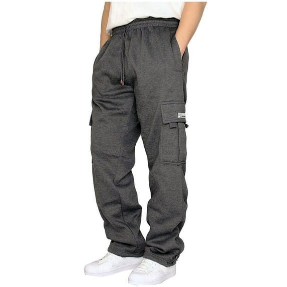 Mohiass Mens Fleece Cargo Sweatpants Fall 2025 Fashion Casual Drawstring Baggy Joggers Athletic Workout Hiking with Pockets Pants Dark Gray 2XL