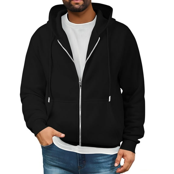Mohiass Mens Full Zip Casual Cotton Hooded Fleece Drawstring Hoodies Pullover Sweatshirts Casual Long Sleeve Shirts Black XL