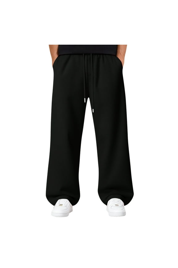 Mens Joggers Sweatpants Casual Big and Tall Lounge Baggy Trousers Open Bottom Athletic Fleece Wide Leg Pants with Pockets Black L