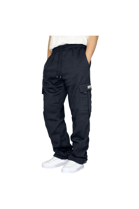 Mens Loose Fit Cargo Sweatpants Winter 2025 Fashion Fleece Hiking Drawstring Baggy Joggers Tech Athletic Gym Pants Navy S