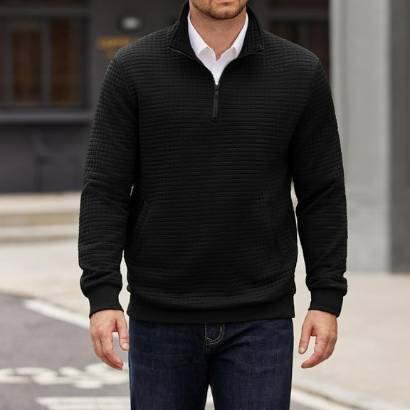 Mohiass Mens Quarter Zip Pullover Long Sleeve Quilted Sweatshirt Casual Waffle Sweaters Polo Shirts with Pocket Black 2XL