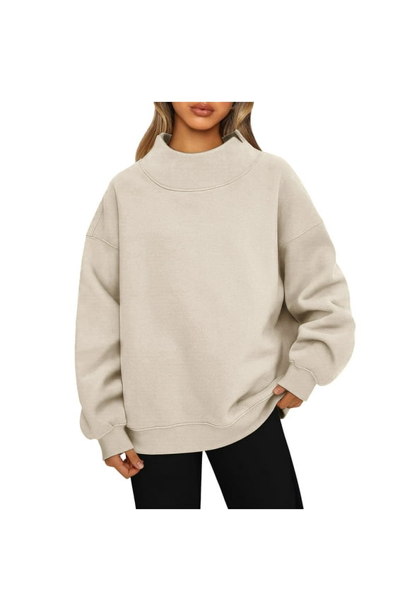 Mock Neck Sweatshirt For Women | Oversized Turtleneck Sweater, Long Sleeve Fleece Pullover Tops, Fall Fashion Clothes Beige L