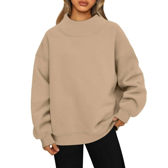 Mohiass Mock Neck Sweatshirt for Women Casual Comfort Oversized Sweatshirt Comfy Long Sleeve Sweat Shirts Cute Plain Pullover Khaki XL