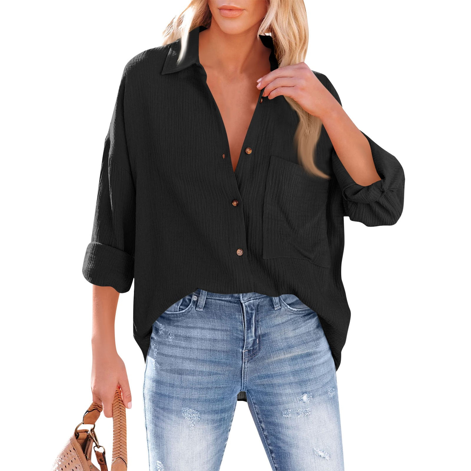 Mohiass Oversized Button Down Shirts for Women Cotton Linen Boyfriend Long Sleeve Work Blouses Tops Black XL