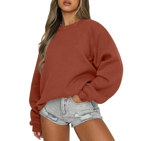 Mohiass Oversized Sweatshirt for Women Long Sleeve Crewneck Sweatshirts Cozy Fleece Pullover Sweaters Casual Sweatshirt Light Brown M
