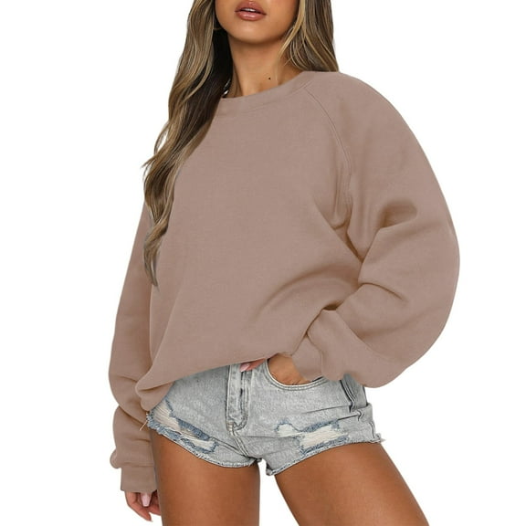 Mohiass Oversized Sweatshirt for Women Long Sleeve Crewneck Sweatshirts Cozy Fleece Pullover Sweaters Casual Sweatshirt Light Brown XL