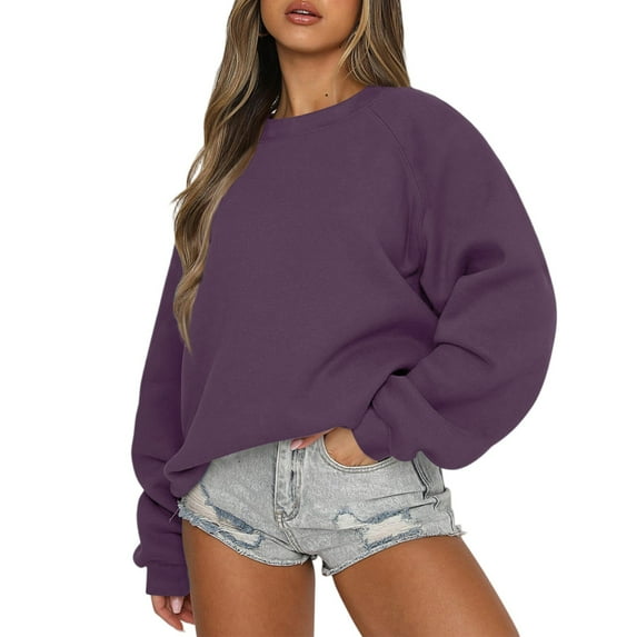 Mohiass Oversized Sweatshirt for Women Long Sleeve Crewneck Sweatshirts Cozy Fleece Pullover Sweaters Casual Sweatshirt Purple L