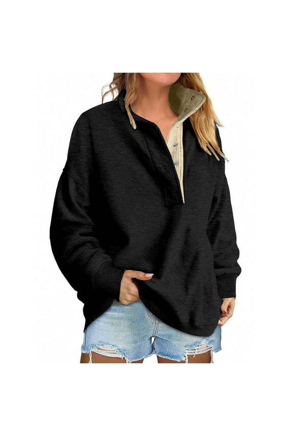 Oversized Sweatshirt for Women Quarter Snap Henley V Neck Fleece Pullover Tops Cute Y2K Fall Long Sleeve Sweat Shirts Black M