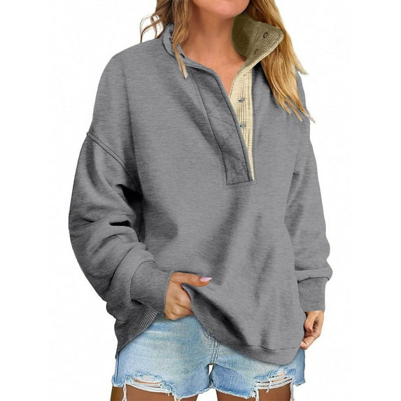 Mohiass Womens Oversized Sweatshirt Casual Snap Stand Collar Long Sleeve Pullover Tops Fall Travel Clothes Gray 2XL