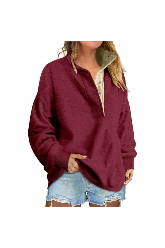 Oversized Sweatshirt for Women Quarter Snap Henley V Neck Fleece Pullover Tops Cute Y2K Fall Long Sleeve Sweat Shirts Wine S