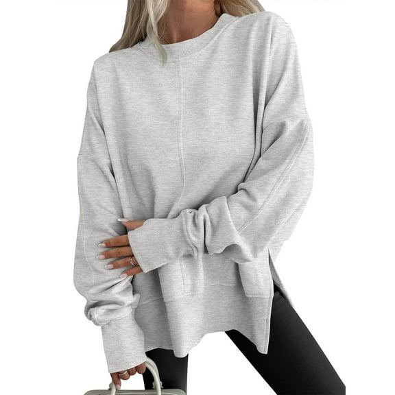 Mohiass Oversized Sweatshirt for Women Thumbhole Side Slit Crewneck Sweatshirts Fall Fashion Comfort Fleece Pullover Hoodies Gray XL