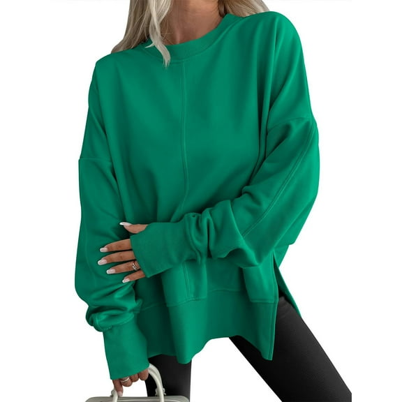 Mohiass Oversized Sweatshirt for Women Thumbhole Side Slit Crewneck Sweatshirts Fall Fashion Comfort Fleece Pullover Hoodies Green XL