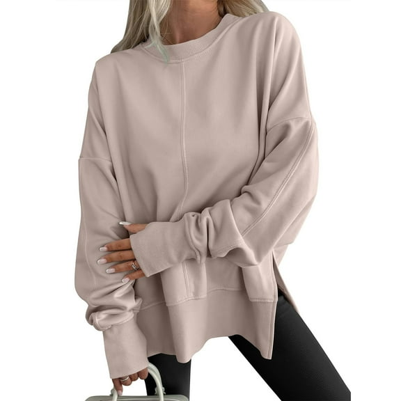 Mohiass Oversized Sweatshirt for Women Thumbhole Side Slit Crewneck Sweatshirts Fall Fashion Comfort Fleece Pullover Hoodies Khaki XL