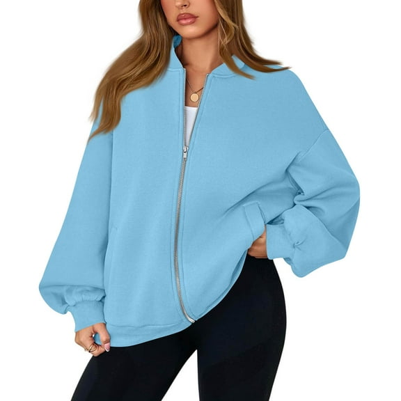 Mohiass Oversized Zip Up Sweatshirt Women Fleece Zip Up Bomber Jacket Casual Athletic Y2k Sweat Jackets with Pockets Sky Blue S