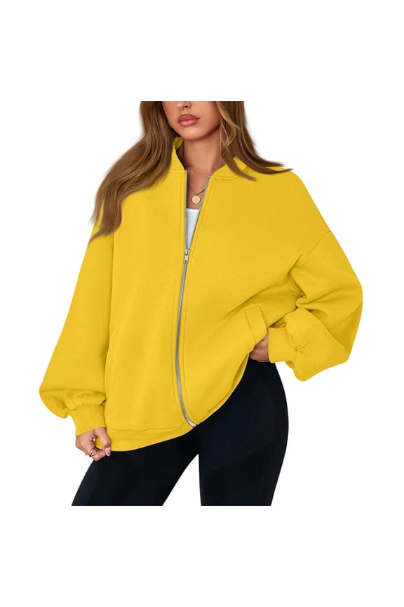 Oversized Zip Up Sweatshirt Women Fleece Zip Up Bomber Jacket Casual Athletic Y2k Sweat Jackets with Pockets Yellow S