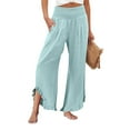 thumbnail image 1 of Mohiass Palazzo Pants for Women Summer Wide Leg Ruffle Hem Pants Flowy Boho Linen Pants Beach 2025 Smocked Waist Trousers with Pockets Cyan M, 1 of 5