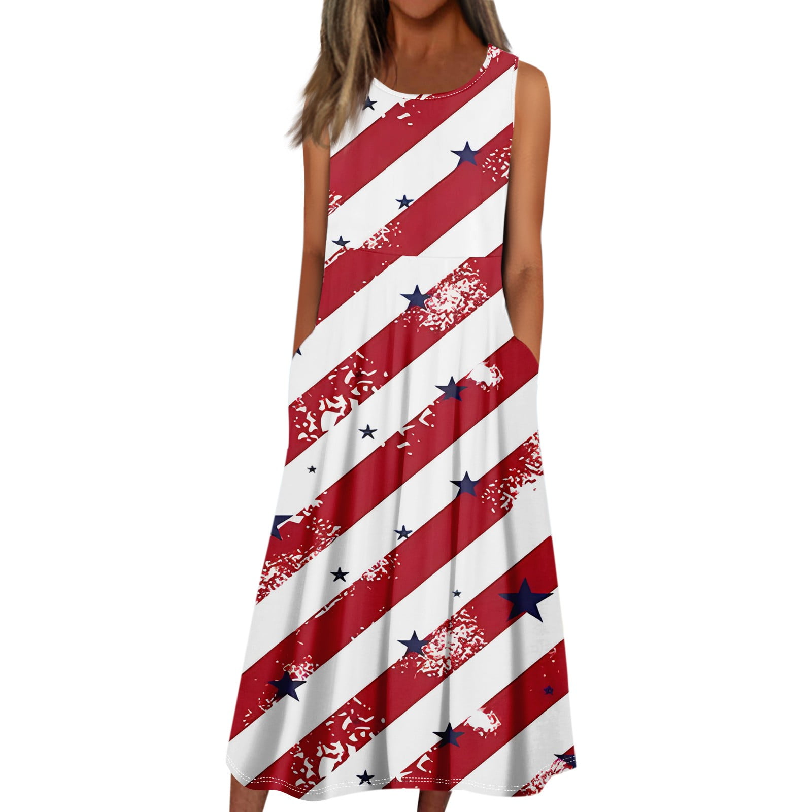 Mohiass Patriotic Crew Neck Long Dress Women Usa Flag Print Stars Striped Maxi Dresses Th Of