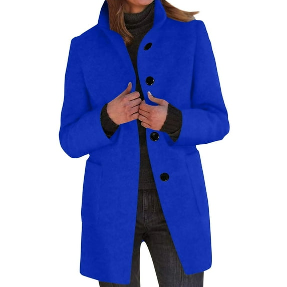 Mohiass Pea Coat Women Stand Collar Wool Blend Long Coats Casual Trench Winter Blazer Jacket Single Breasted Thicken Overcoat with Pockets Dark Blue M