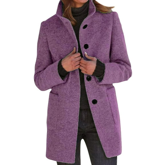 Mohiass Pea Coats for Women Casual Stand Collar Winter Coats Thicken Trench Long Overcoat Wool Blend Single Breasted Blazer Jacket with Pockets Purple XL