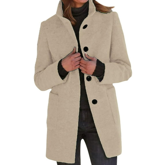Mohiass Pea Trench Coats for Women Thicken Stand Collar Long Coats Casual Winter Overcoat Wool Blend Single Breasted Blazer Jacket with Pockets Beige M